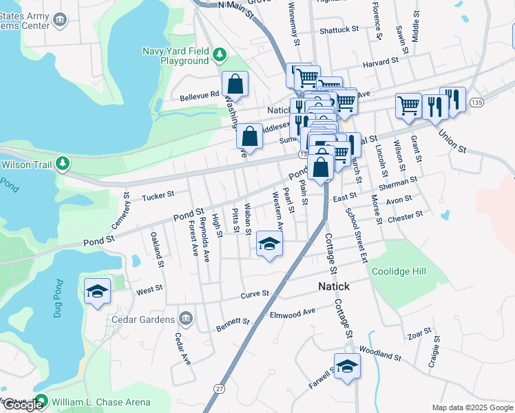 map of restaurants, bars, coffee shops, grocery stores, and more near 9 Concord Street in Natick