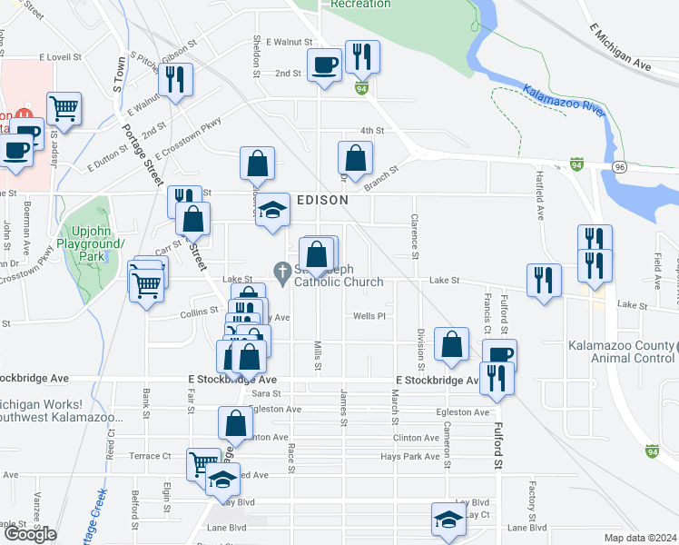 map of restaurants, bars, coffee shops, grocery stores, and more near 1123 Lake Street in Kalamazoo