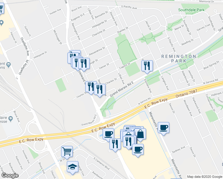 map of restaurants, bars, coffee shops, grocery stores, and more near 634 Atkinson Street in Windsor
