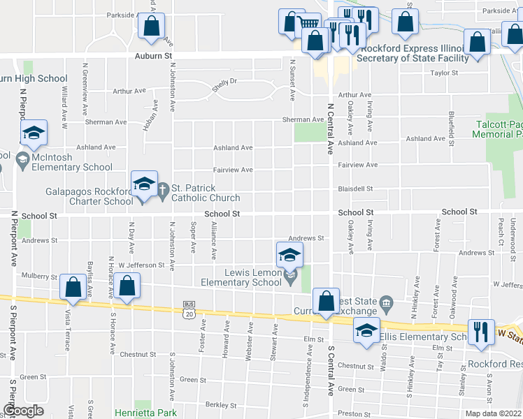 map of restaurants, bars, coffee shops, grocery stores, and more near 2015 School Street in Rockford