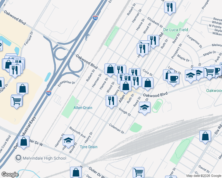 map of restaurants, bars, coffee shops, grocery stores, and more near 18634 Wood Street in Melvindale