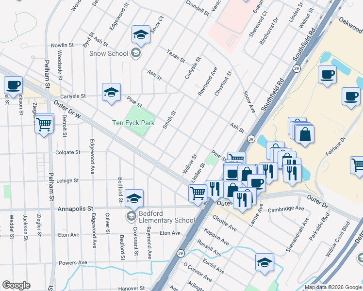 map of restaurants, bars, coffee shops, grocery stores, and more near 3535 Chestnut Street in Dearborn
