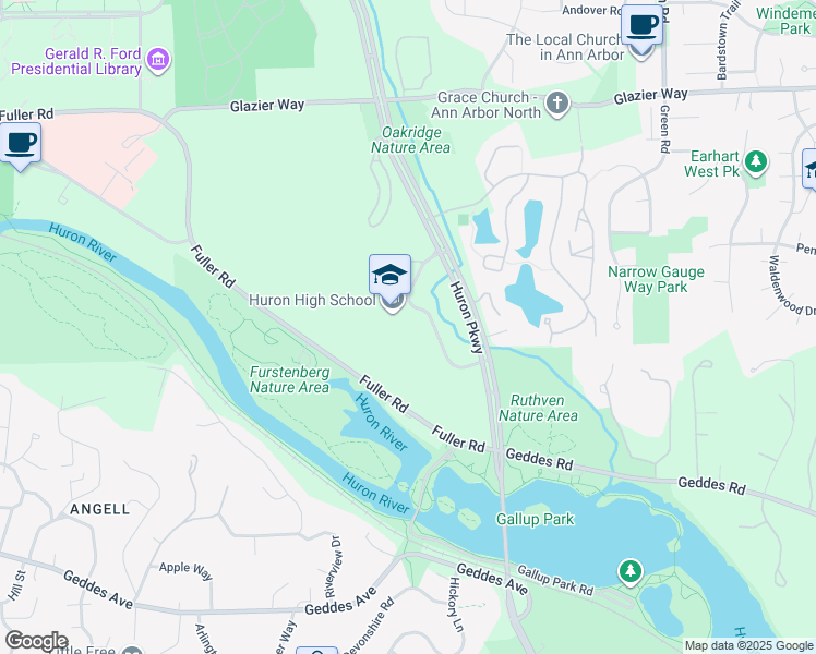 map of restaurants, bars, coffee shops, grocery stores, and more near 2727 Fuller Road in Ann Arbor