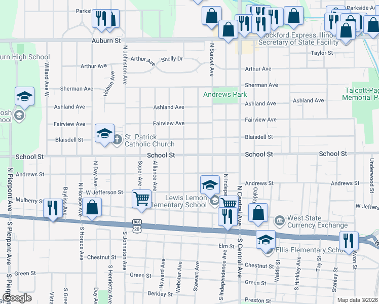 map of restaurants, bars, coffee shops, grocery stores, and more near 2015 School Street in Rockford