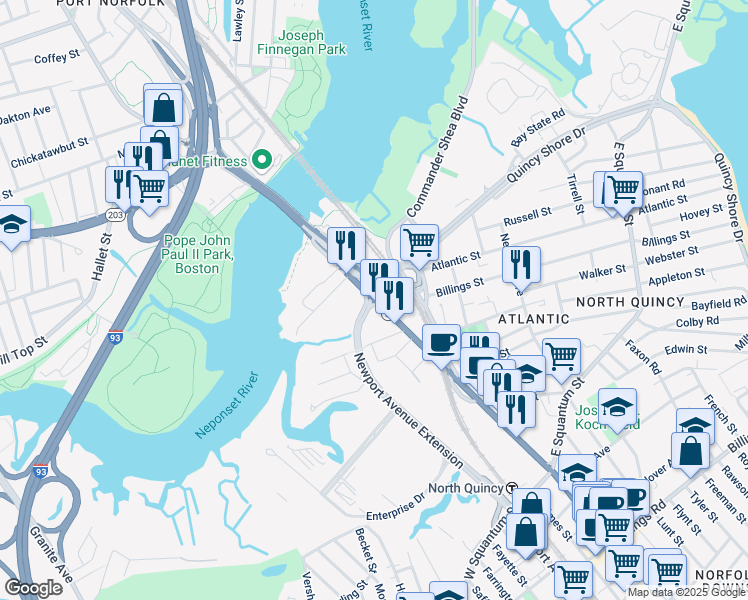 map of restaurants, bars, coffee shops, grocery stores, and more near 99 Hancock Street in Quincy