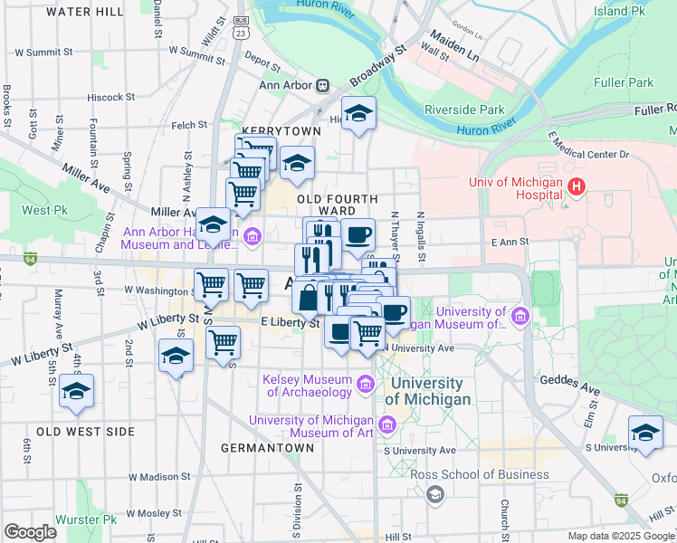 map of restaurants, bars, coffee shops, grocery stores, and more near 513 East Huron Street in Ann Arbor