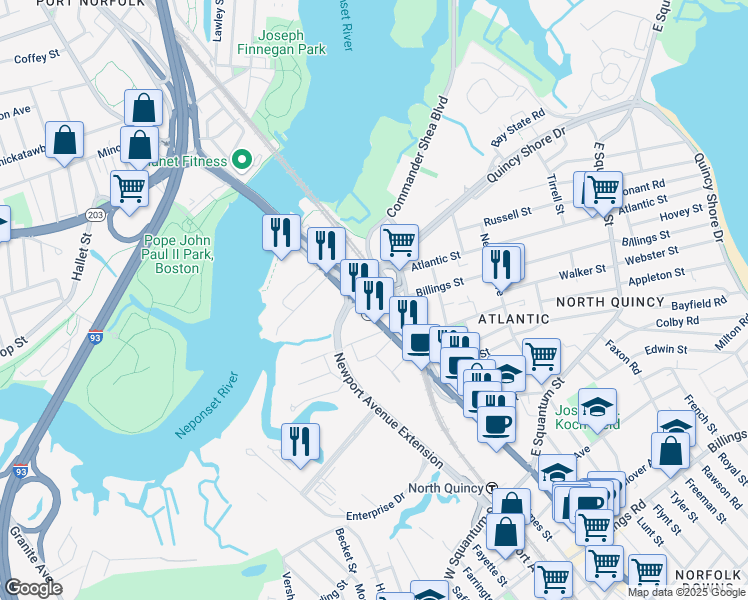 map of restaurants, bars, coffee shops, grocery stores, and more near 1922 Walnut Street in Quincy
