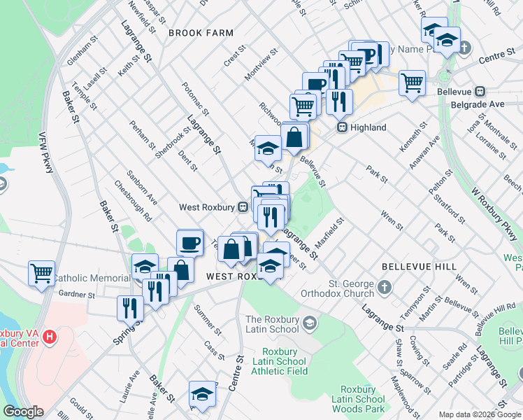 map of restaurants, bars, coffee shops, grocery stores, and more near 408 Lagrange Street in Boston