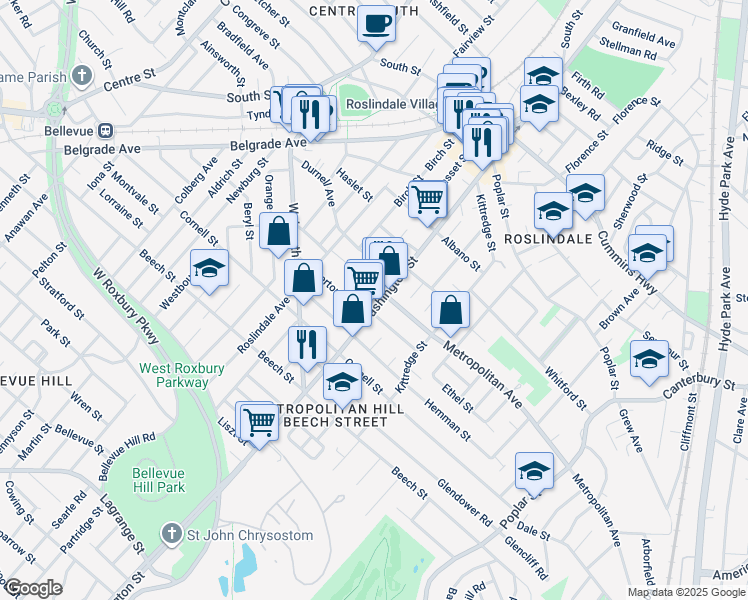 map of restaurants, bars, coffee shops, grocery stores, and more near 4430 Washington Street in Boston