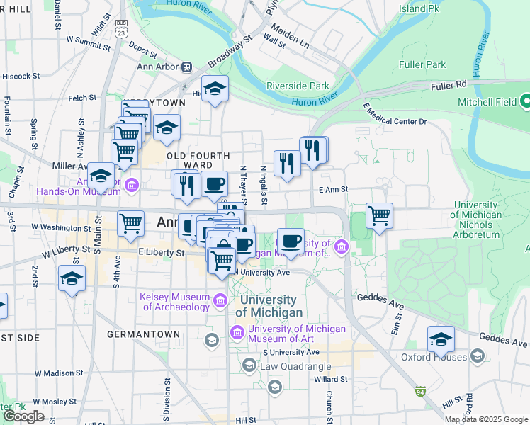 map of restaurants, bars, coffee shops, grocery stores, and more near E Huron St & N Ingalls St in Ann Arbor