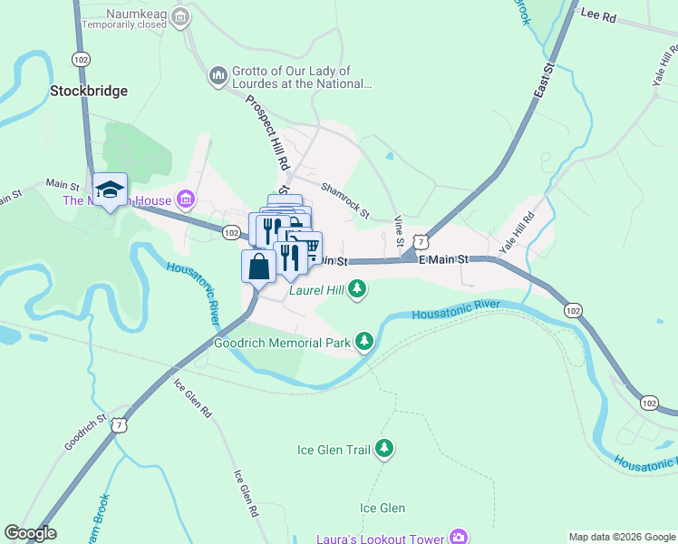 map of restaurants, bars, coffee shops, grocery stores, and more near 50 Main Street in Stockbridge