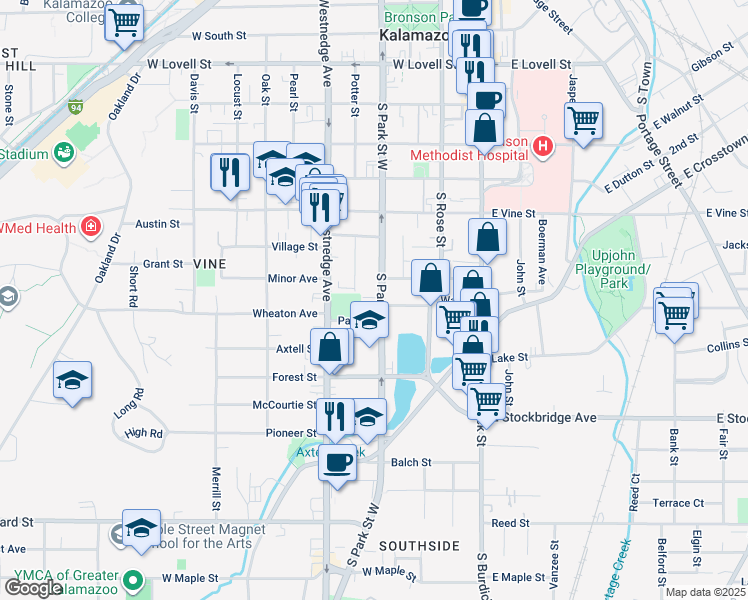 map of restaurants, bars, coffee shops, grocery stores, and more near 1020 South Park Street in Kalamazoo