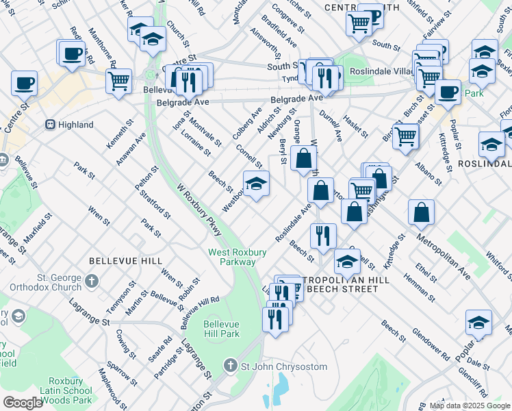 map of restaurants, bars, coffee shops, grocery stores, and more near 236 Beech Street in Boston