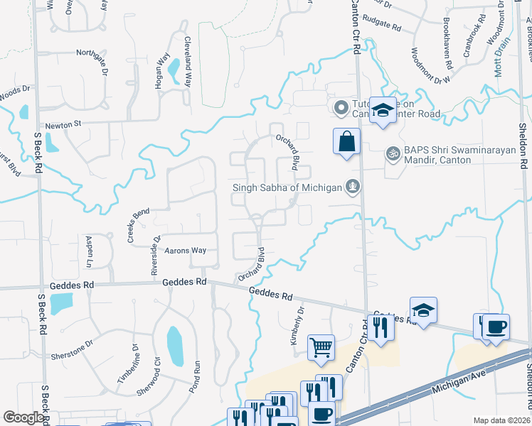 map of restaurants, bars, coffee shops, grocery stores, and more near Orchard Boulevard in Canton