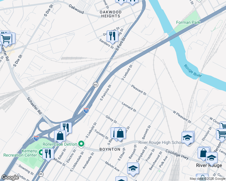 map of restaurants, bars, coffee shops, grocery stores, and more near 1057 South Patricia Street in Detroit