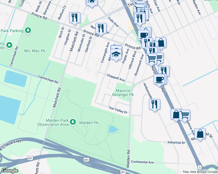 map of restaurants, bars, coffee shops, grocery stores, and more near 1604 Kenmore Court in Windsor