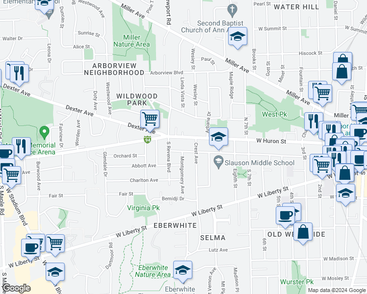 map of restaurants, bars, coffee shops, grocery stores, and more near 1220 West Washington Street in Ann Arbor
