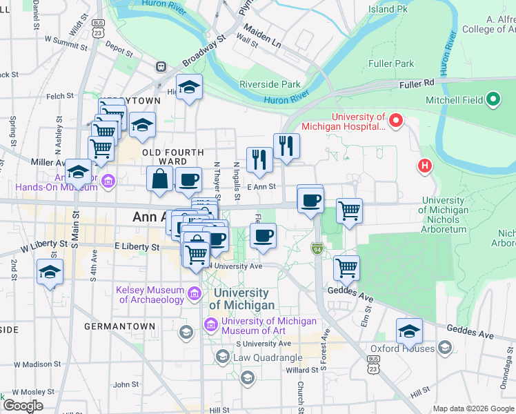 map of restaurants, bars, coffee shops, grocery stores, and more near East Huron Street & Fletcher Street in Ann Arbor