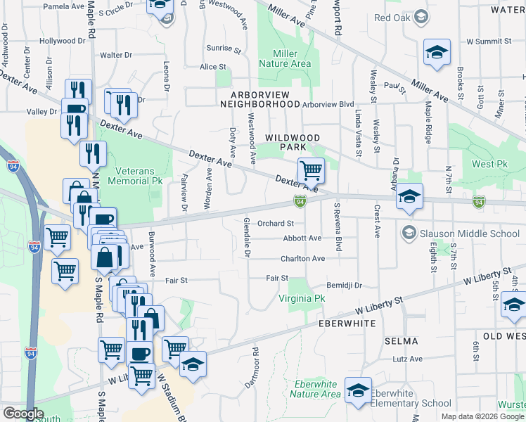 map of restaurants, bars, coffee shops, grocery stores, and more near 117 Grandview Drive in Ann Arbor