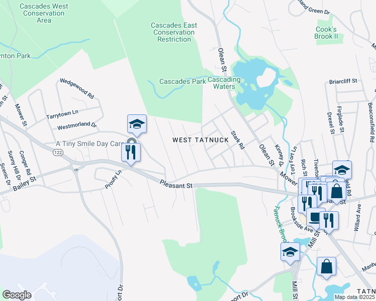 map of restaurants, bars, coffee shops, grocery stores, and more near 36 Wildrose Avenue in Worcester