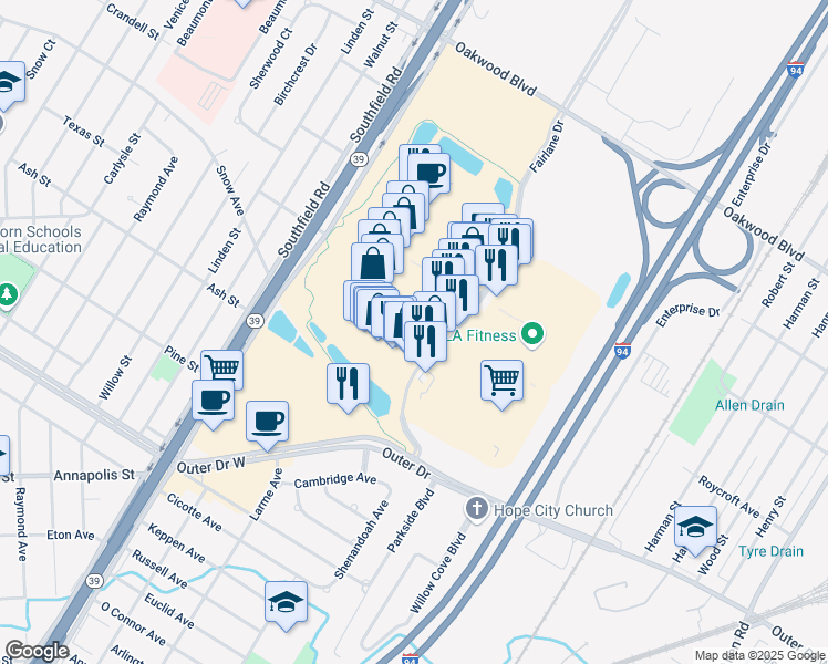 map of restaurants, bars, coffee shops, grocery stores, and more near 3350 Fairlane Drive in Allen Park
