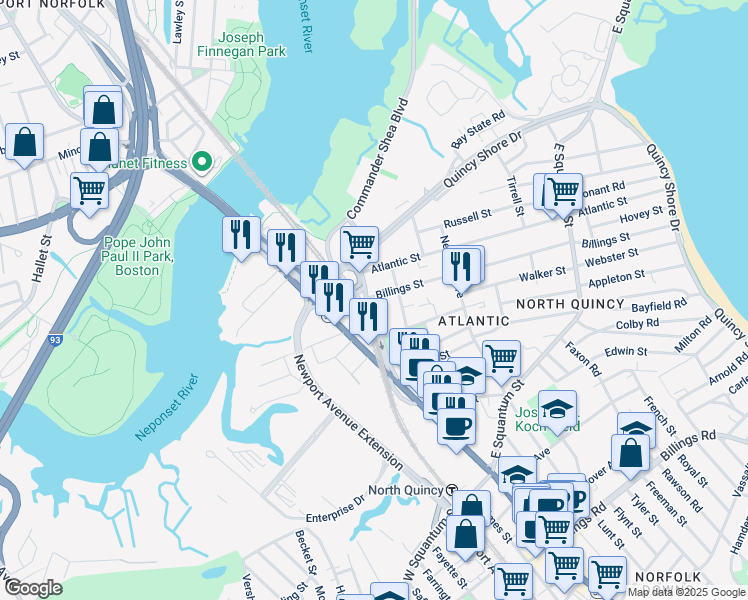 map of restaurants, bars, coffee shops, grocery stores, and more near 73 Atlantic Street in Quincy