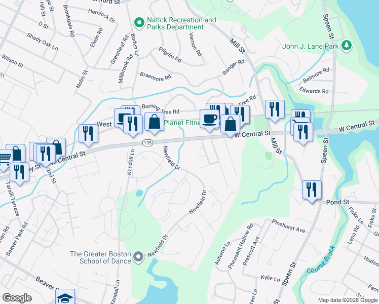 map of restaurants, bars, coffee shops, grocery stores, and more near 235 1/2 West Central Street in Natick