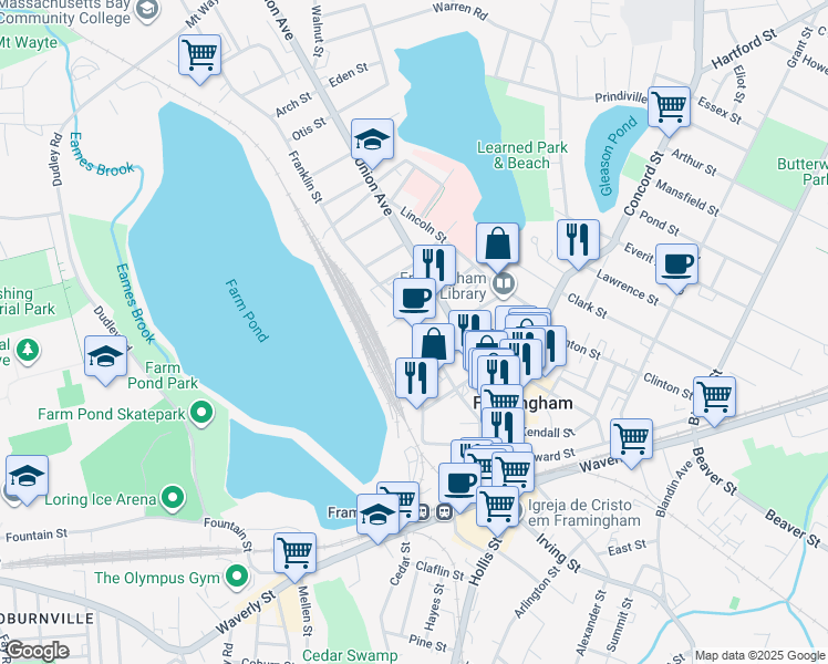 map of restaurants, bars, coffee shops, grocery stores, and more near 166 Franklin Street in Framingham