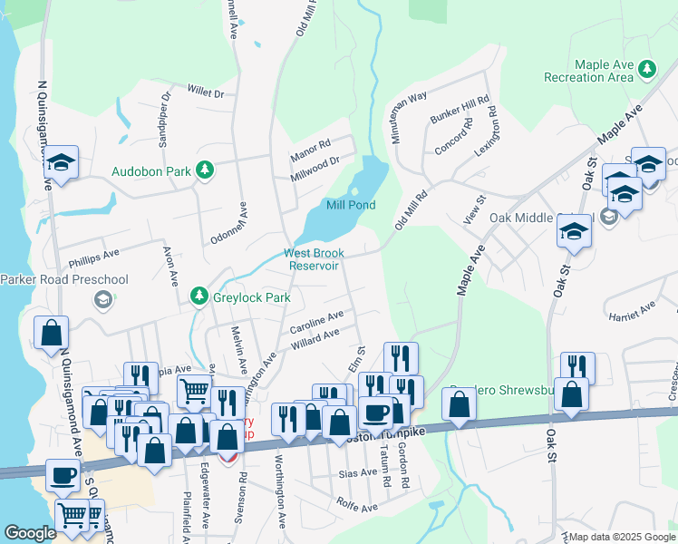 map of restaurants, bars, coffee shops, grocery stores, and more near 159 Old Mill Road in Shrewsbury