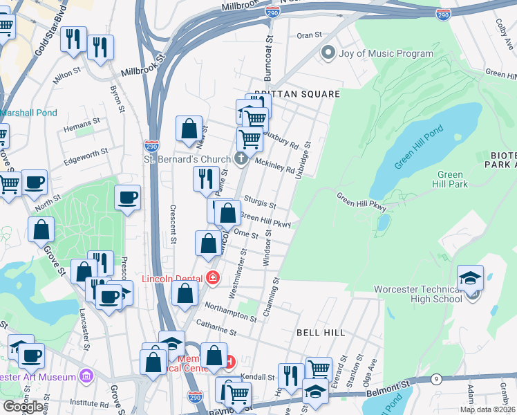 map of restaurants, bars, coffee shops, grocery stores, and more near in Worcester