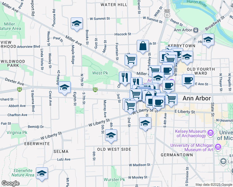 map of restaurants, bars, coffee shops, grocery stores, and more near 502 West Huron Street in Ann Arbor