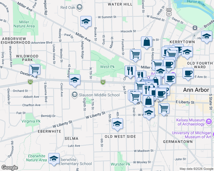 map of restaurants, bars, coffee shops, grocery stores, and more near 810 West Huron Street in Ann Arbor