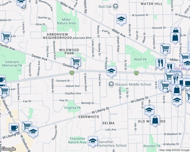 map of restaurants, bars, coffee shops, grocery stores, and more near in Ann Arbor