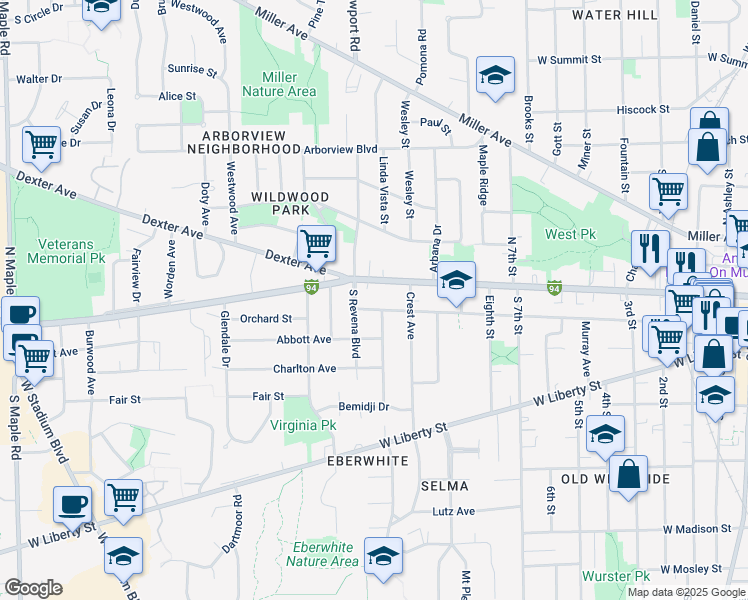 map of restaurants, bars, coffee shops, grocery stores, and more near in Ann Arbor