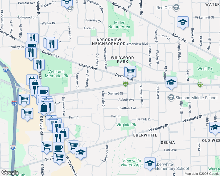 map of restaurants, bars, coffee shops, grocery stores, and more near 115 Grandview Drive in Ann Arbor