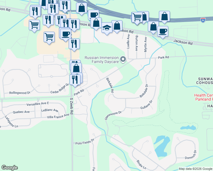 map of restaurants, bars, coffee shops, grocery stores, and more near 5227 Birkdale Drive in Ann Arbor