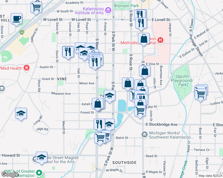 map of restaurants, bars, coffee shops, grocery stores, and more near 931 South Park Street in Kalamazoo