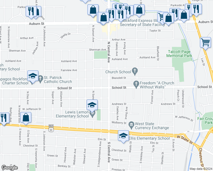 map of restaurants, bars, coffee shops, grocery stores, and more near 528 North Central Avenue in Rockford