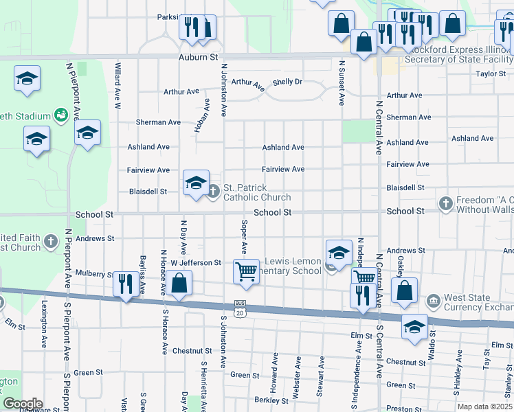 map of restaurants, bars, coffee shops, grocery stores, and more near 2316 Blaisdell Street in Rockford