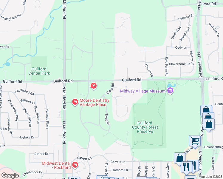 map of restaurants, bars, coffee shops, grocery stores, and more near Shiloh Road in Rockford