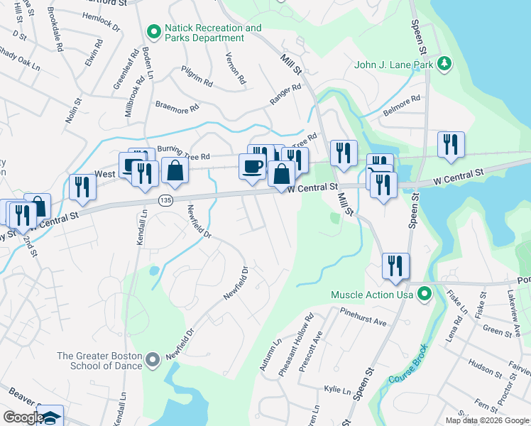 map of restaurants, bars, coffee shops, grocery stores, and more near 214 West Central Street in Natick