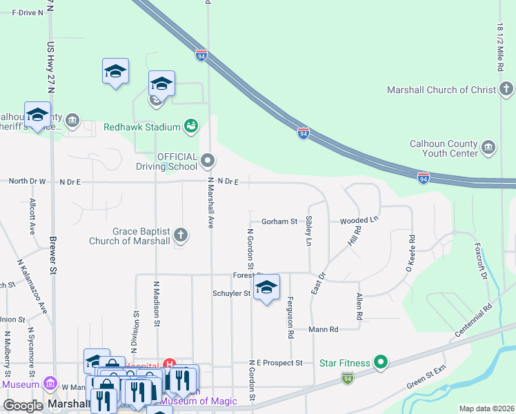 map of restaurants, bars, coffee shops, grocery stores, and more near 710 North Drive East in Marshall
