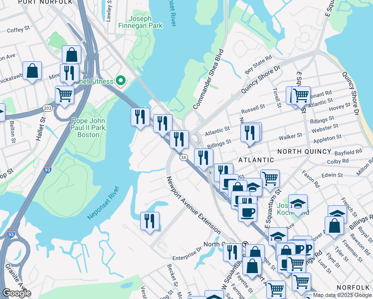 map of restaurants, bars, coffee shops, grocery stores, and more near 1 Billings Street in Quincy