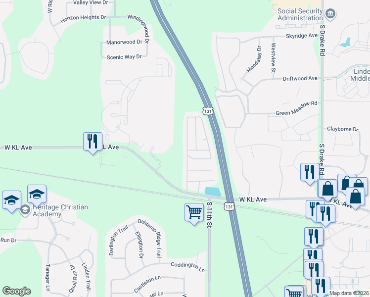 map of restaurants, bars, coffee shops, grocery stores, and more near 5792 East Jefferson Commons Circle in Kalamazoo