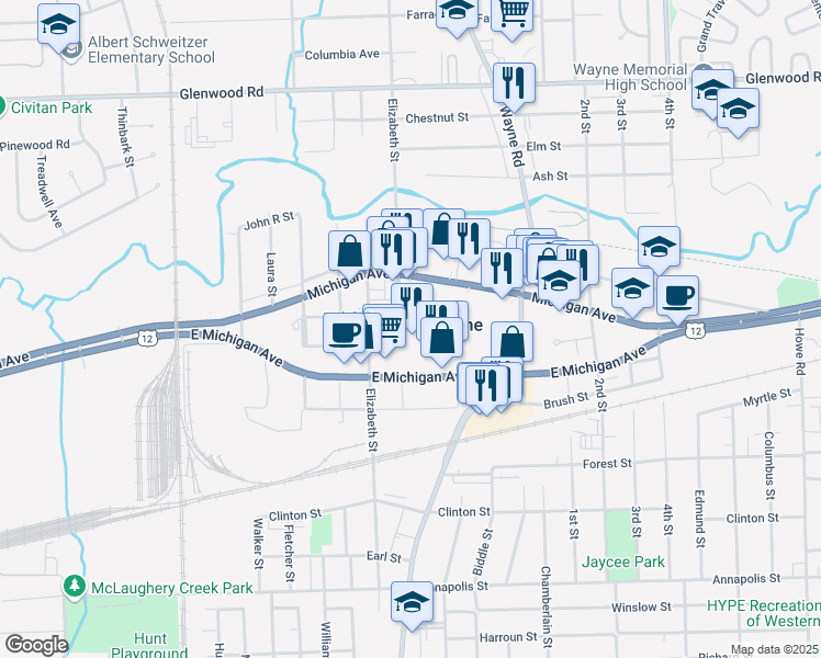 map of restaurants, bars, coffee shops, grocery stores, and more near 35425 West Michigan Avenue in Wayne