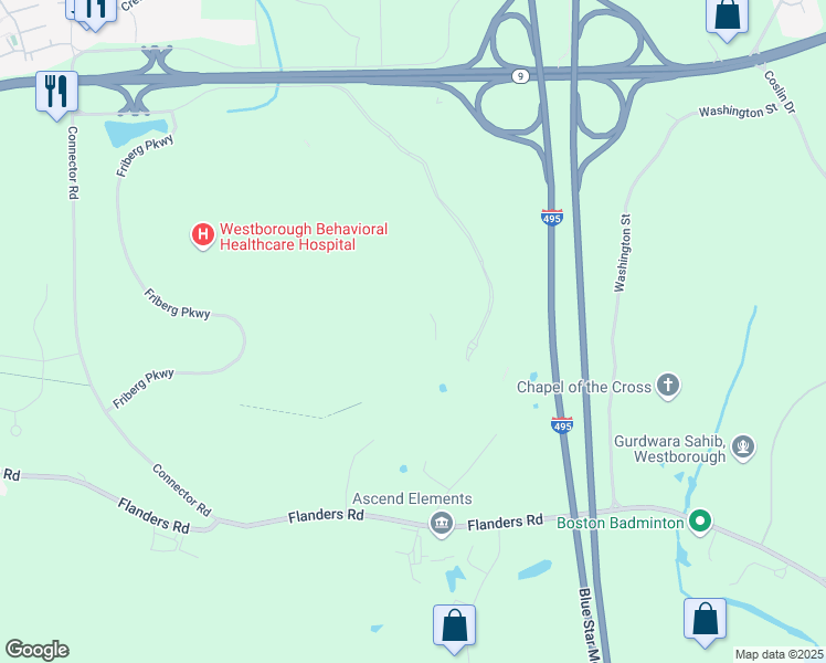 map of restaurants, bars, coffee shops, grocery stores, and more near 1900 West Park Drive in Westborough