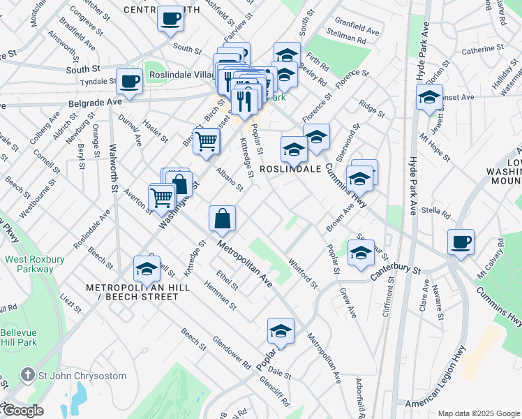 map of restaurants, bars, coffee shops, grocery stores, and more near 32 Augustus Avenue in Boston