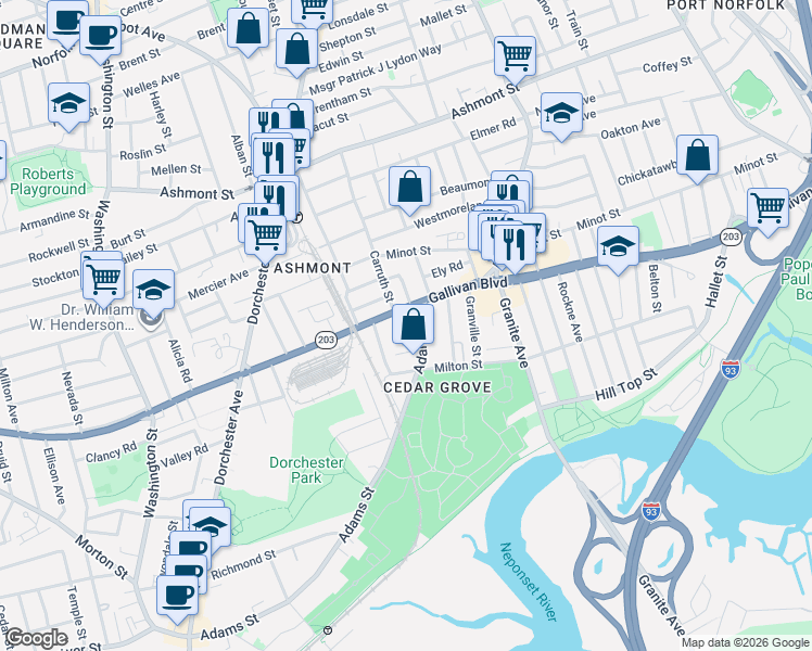 map of restaurants, bars, coffee shops, grocery stores, and more near 424 Gallivan Boulevard in Boston