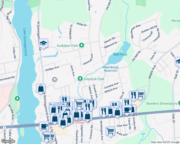 map of restaurants, bars, coffee shops, grocery stores, and more near 48 Everett Avenue in Shrewsbury