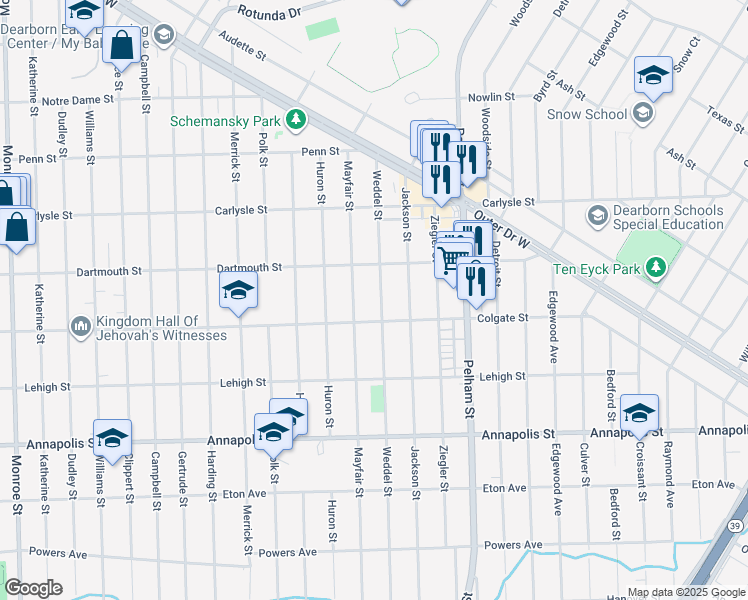 map of restaurants, bars, coffee shops, grocery stores, and more near 3929 Weddel Street in Dearborn Heights